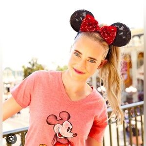 NEW! Disney Parks Minnie Mouse Headband Ears Black Sequin Ears Red Sequin Bow